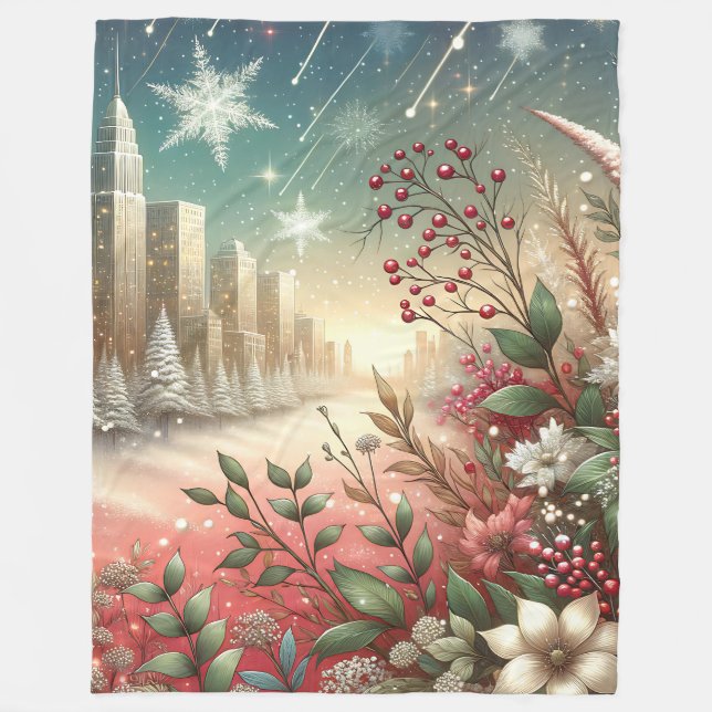 Manta Polar "Paisaje urbano de Navidades nevados, árboles cubi (Anverso)