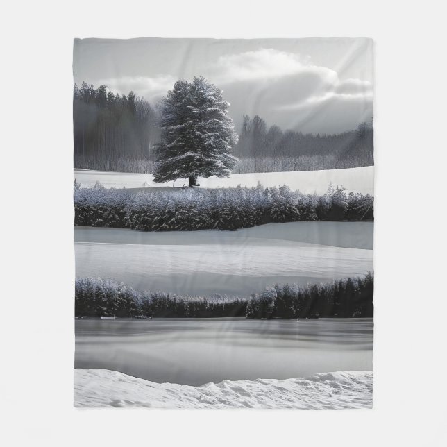 Manta Polar Paisaje y árbol de invierno, negro y blanco - arte (Anverso)
