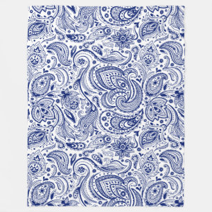 Manta Polar Paisley Floral Azul Y Blanca Vintage Naval