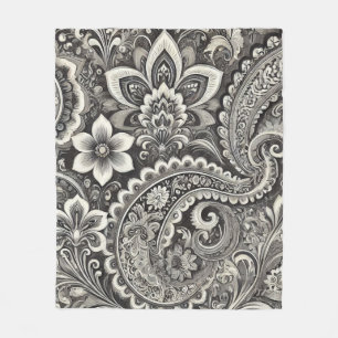 Manta Polar Paisley floral monocroma negro y blanco