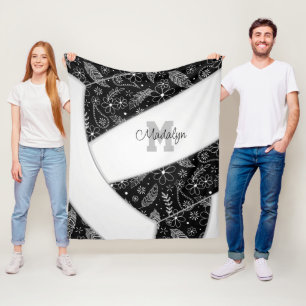 Manta Polar paisley floral plumas de voleibol blanco negro