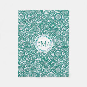 Manta Polar Paisley retro monogramada blanca y azul-verde