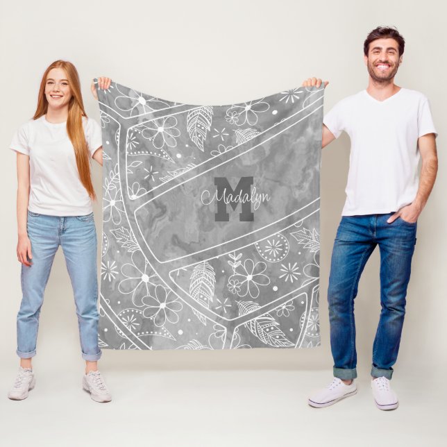 Manta Polar paislies plumas flor patrón voleibol gris (In situ)