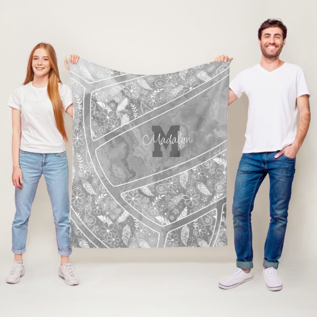 Manta Polar paislies plumas flor patrón voleibol gris (In situ)