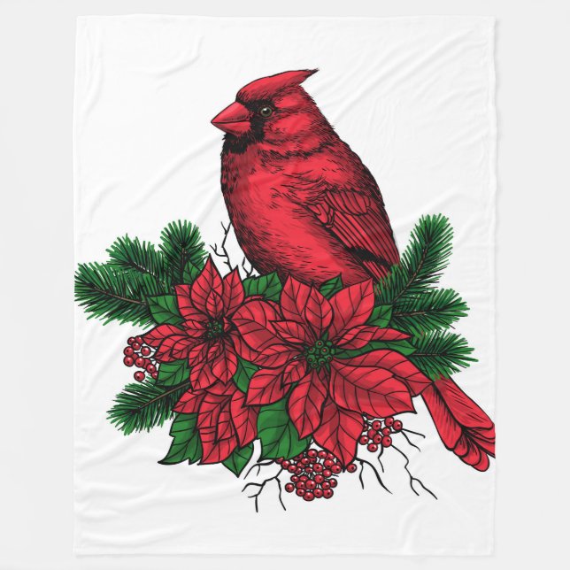 Manta Polar Pájaro cardinal, ilustracion Navidad (Anverso)