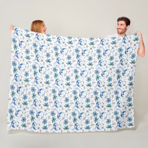 Manta Polar Pájaros Azules y Patrón Continuo de Armonía Floral