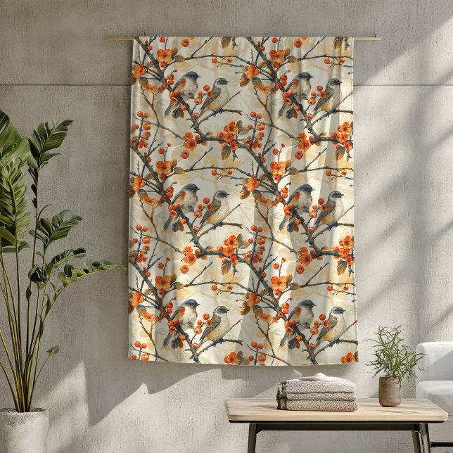 Manta Polar Pájaros del jardín de otoño y flores Naranja de co (Fall Garden Birds and Blossoms Orange Brown Copper Fleece Blanket)