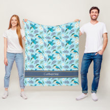 Pájaros Martín Pescador Lindos Patrón Floral Azul