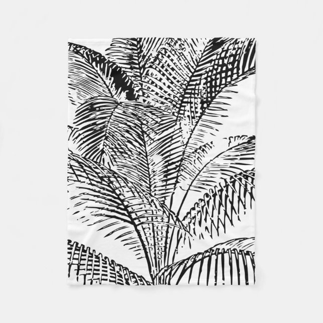 Manta Polar Palm Tree deja patrón abstracto negro y blanco (Anverso)