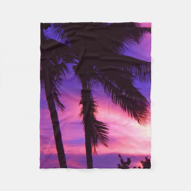 Manta Polar Palm Tree N Purple Sunset Fleece Blanc (Anverso)