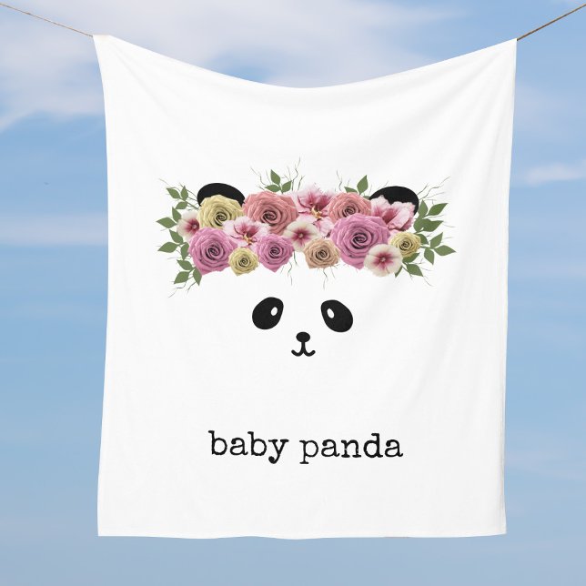 Manta Polar Panda Bear Face White Personalizada Fleece Blanket (A cute panda bear with flowers in her hair. Just add your name to this lovely fleece blanket)