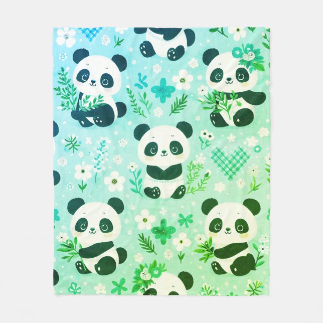 Manta Polar Panda Patrón de oso Impresión verde (Anverso)