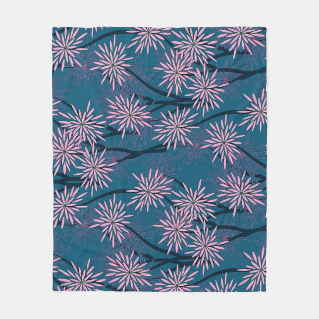 Manta Polar Papel de pared floral: azul marino asiático, rosa. (Anverso)