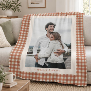Manta Polar Pareja de Terracota Gingham Foto Personalizada