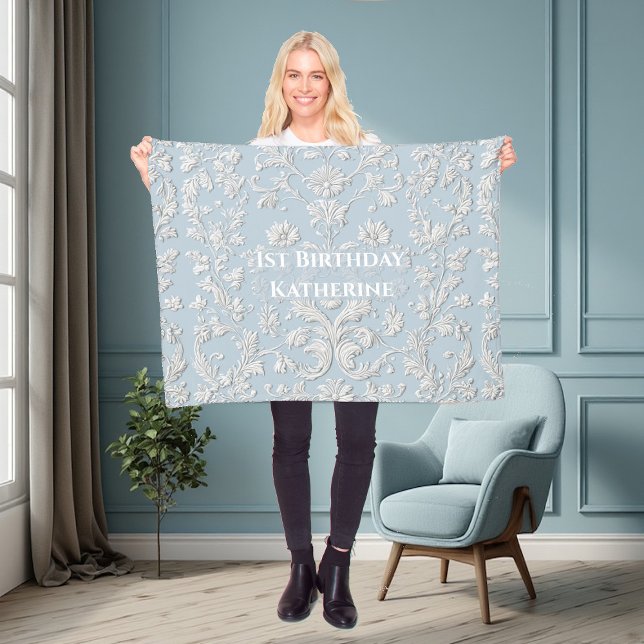 Manta Polar Pastel de cumpleaños número uno azul shabby chic f (1st Birthday Pastel Blue Shabby Chic Vintage Flora Fleece Blanket)