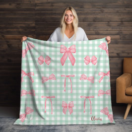 Manta Polar Pastel Green Gingham Pink Bow Fleece Blanket