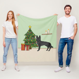 Manta Polar Pastor Alemán Negro y Árbol de Navidad Festivo