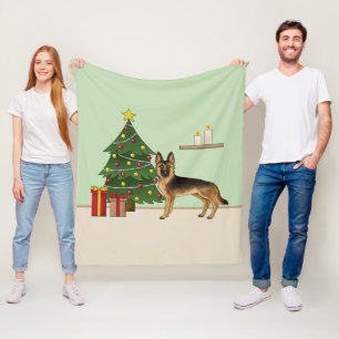 Manta Polar Pastor Alemán Negro y Marrón y un Árbol de Navidad