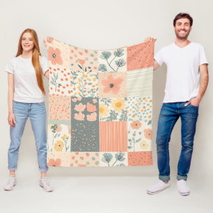 Manta Polar Patchwork Floral Coral Melocotón Salvia Vintage