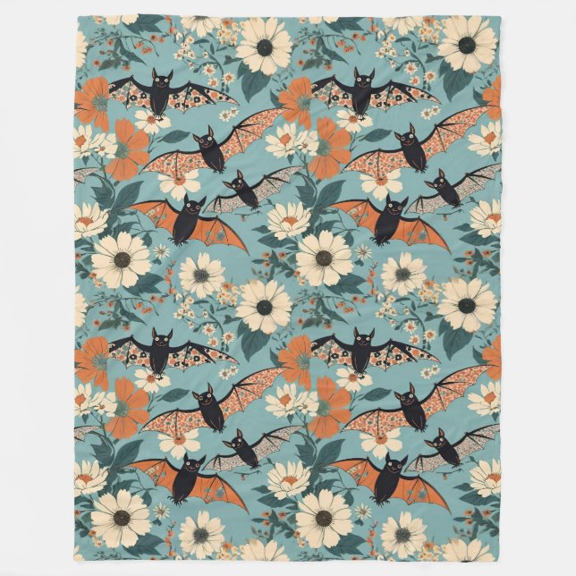 Manta Polar Patchwork floral Halloween Bats & Flowers (Anverso)