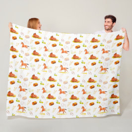 Manta Polar Patrón acuarela Caballos herraduras heno manzanas