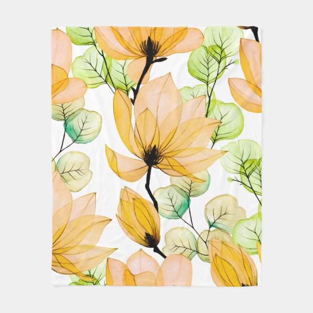 Manta Polar Patrón acuarela transparente con flores de magnoli (Anverso)