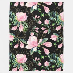 Manta Polar Patrón acuático de Magnolia rosa Negro
