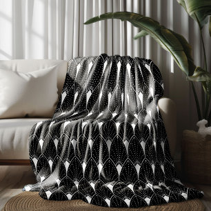 Manta Polar Patrón Art Deco Blanco Sobre Fondo Negro