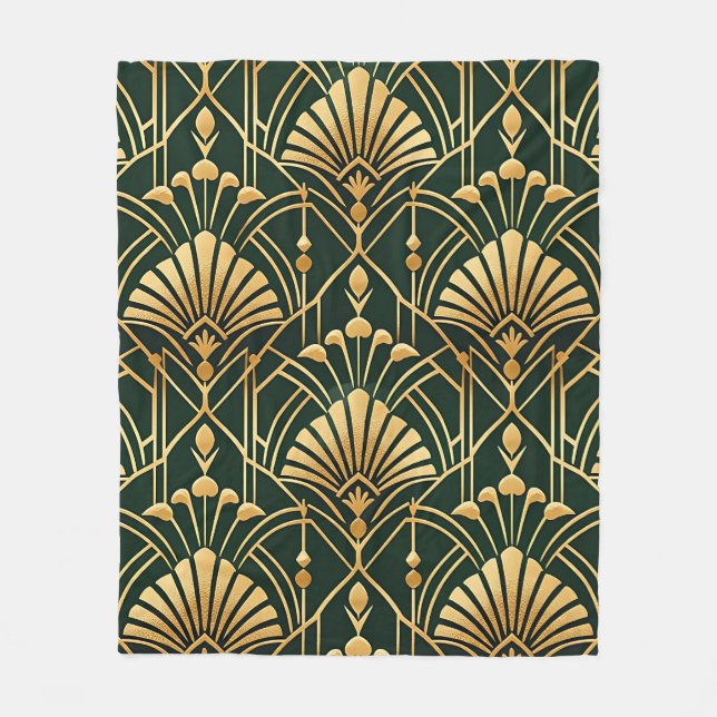 Manta Polar Patrón Art Déco de Oro Esmeralda (Anverso)