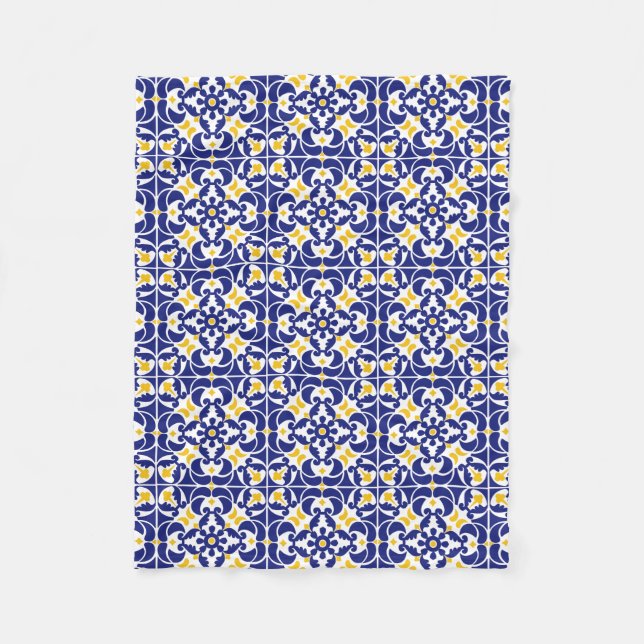 Manta Polar Patrón azul y amarillo de mosaicos mediterráneos (Anverso)