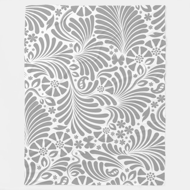Manta Polar Patrón barroco floral gris y blanco (Anverso)