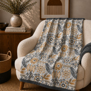 Manta Polar Patrón Botánico Boho Gris Terracota Claro