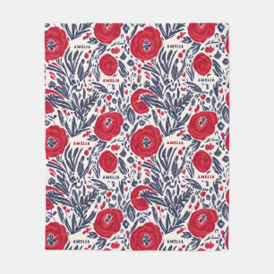 Manta Polar Patrón Botánico Floral Rojo Blanco y Azul