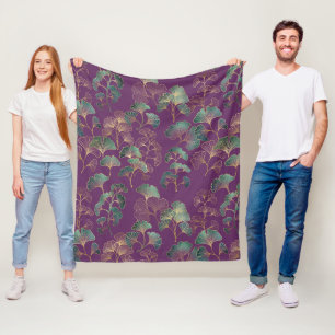 Manta Polar Patrón Botánico Japonés Ginkgo de Oro Púrpura