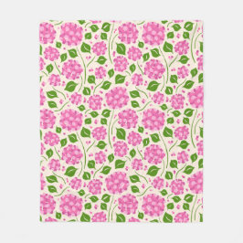 Manta Polar Patrón con hortensias rosas y hojas verdes