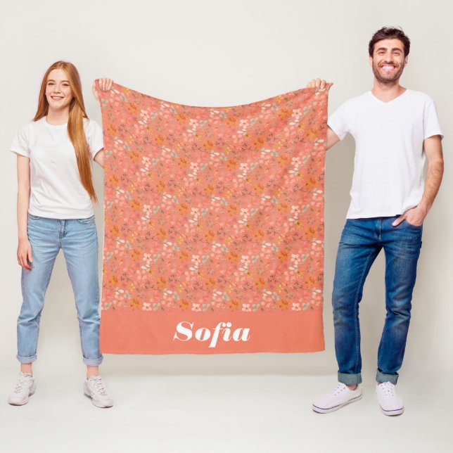 Manta Polar Patrón de acuarela botánica personalizado naranja  (In situ)