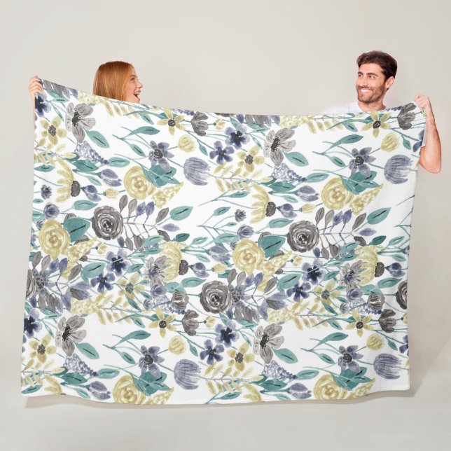 Manta Polar Patrón de acuarela floral amarillo gris moderno (In situ)