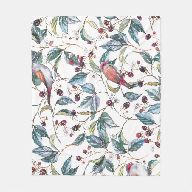 Manta Polar Patrón de acuarela natural: moras negras, aves, f (Anverso)