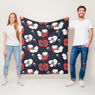 Manta Polar Patrón de amapola blanca con acentos rojo y azul
