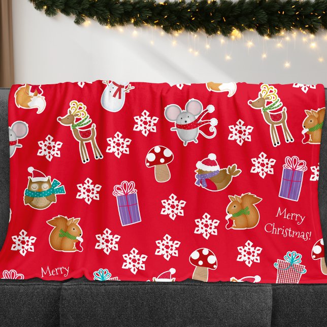 Manta Polar Patrón de animales de Woodland Navidad Feliz Rojo (Subido por el creador)