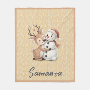 Manta Polar Patrón de árbol reno muñeco de nieve naranja beige