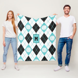Manta Polar patrón de argyle negro con temática de voleibol