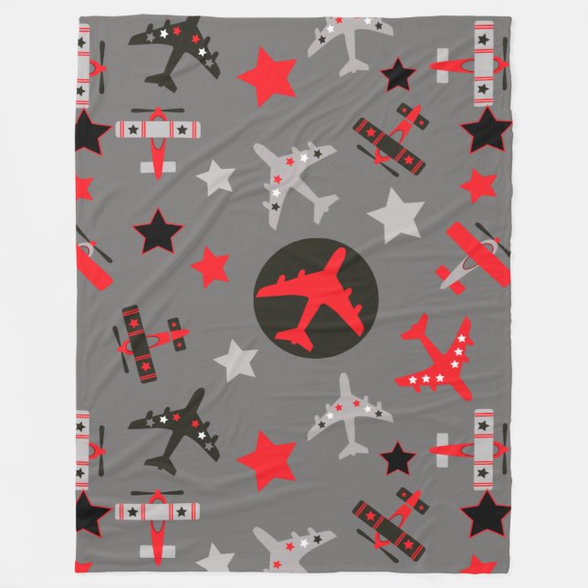Manta Polar Patrón de aviones Gris Rojo (Anverso)