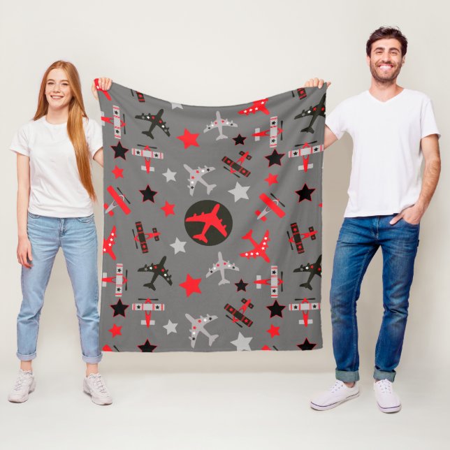 Manta Polar Patrón de aviones gris rojos de niños (In situ)
