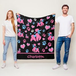 Manta Polar Patrón de Caniche Rosa y Azul sobre Fondo Negro