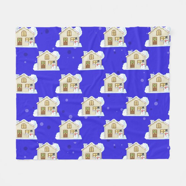 Manta Polar Patrón de Casa de Navidad - Fondo Azul  (Frente (Horizontal))