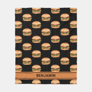 Manta Polar Patrón de comida rápida de hamburguesa en negro co