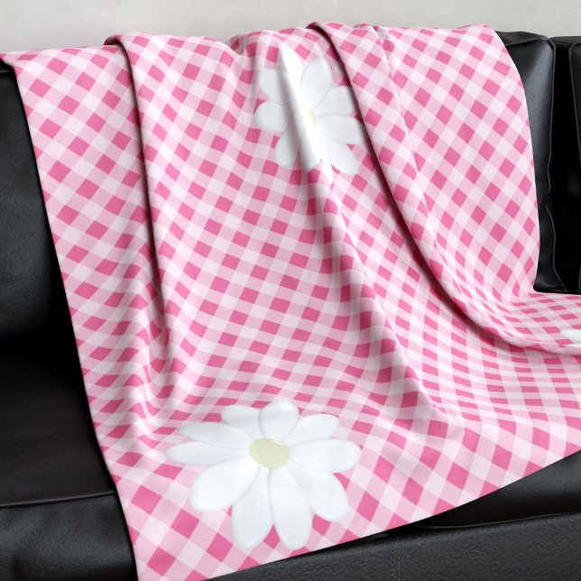 Manta Polar Patrón de comprobación de Gingham rosada suave Flo (A cute pink gingham check fleece blanket with daisy flowers at the corners)