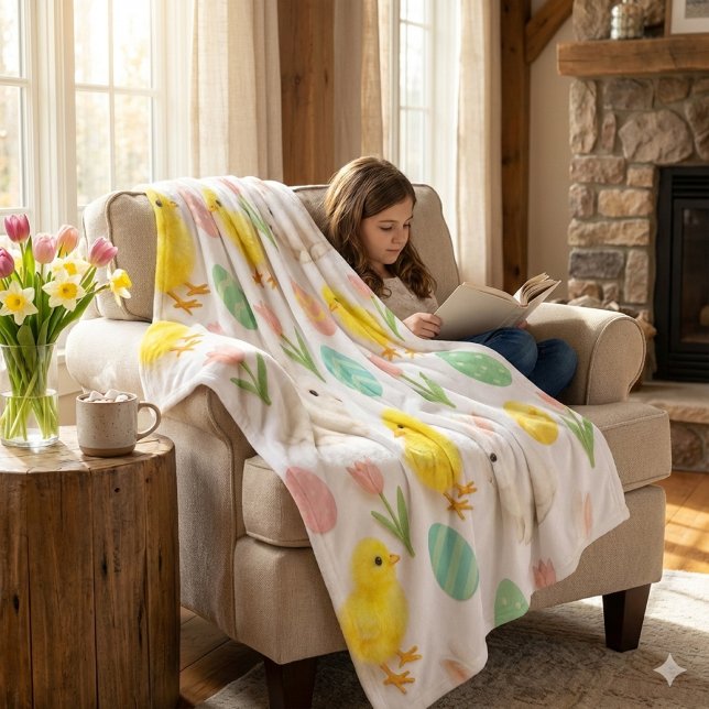 Manta Polar Patrón de conejitos y pollitos (Cozy moments are enhanced by reading a book by the fire and using a warm, springtime fleece blanket)