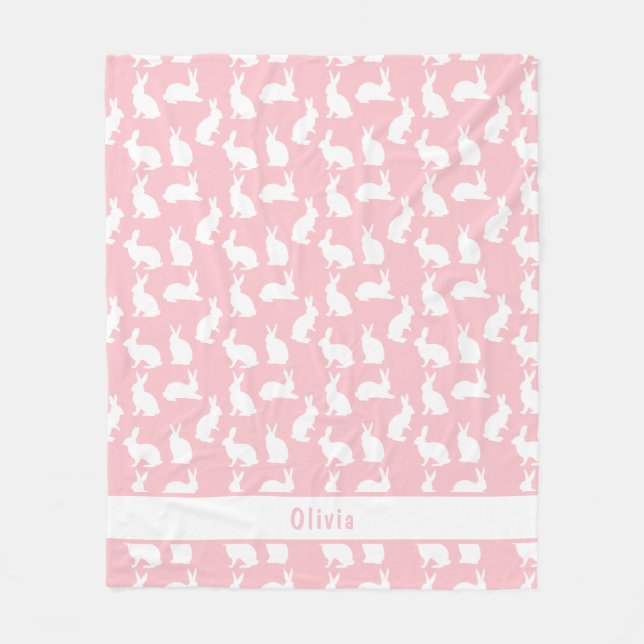 Manta Polar Patrón de conejo rosa y blanco con nombre (Anverso)